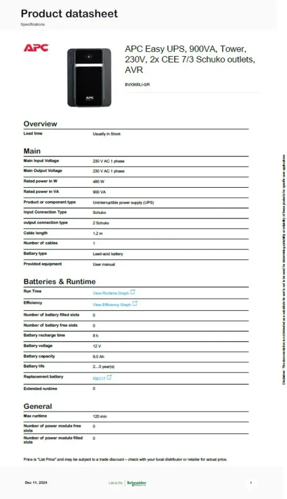 UPS BVX900LI-GR