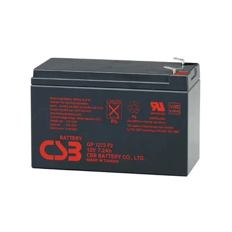 CSB GP1272F2 Lead Acid Battery 12 Volt/7.2 Amp Hour - Black 1 CSB GP1272F2 12V 7.2Ah sealed lead acid battery with F2 terminals, compact black backup power battery.