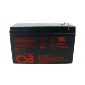 CSB HR1234W 12V 34W high-rate VRLA lead-acid battery with compact black housing and F2 terminals.