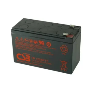 CSB HR1234W 12V 34W high-rate VRLA lead-acid battery with compact design and F2 terminals.